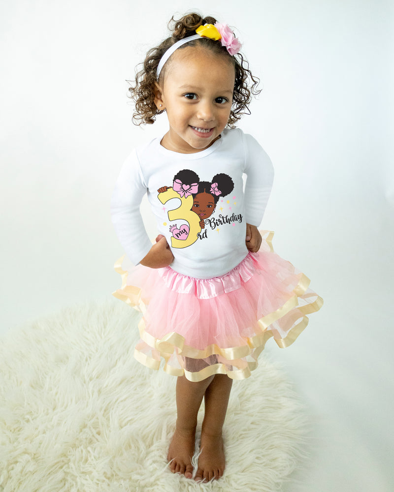 Girls 3rd Birthday Outfit – Long Sleeve Pink & Gold Afro Puffs Shirt, Tutu Skirt & Headband Set