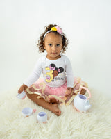 Girls 3rd Birthday Outfit – Long Sleeve Pink & Gold Afro Puffs Shirt, Tutu Skirt & Headband Set