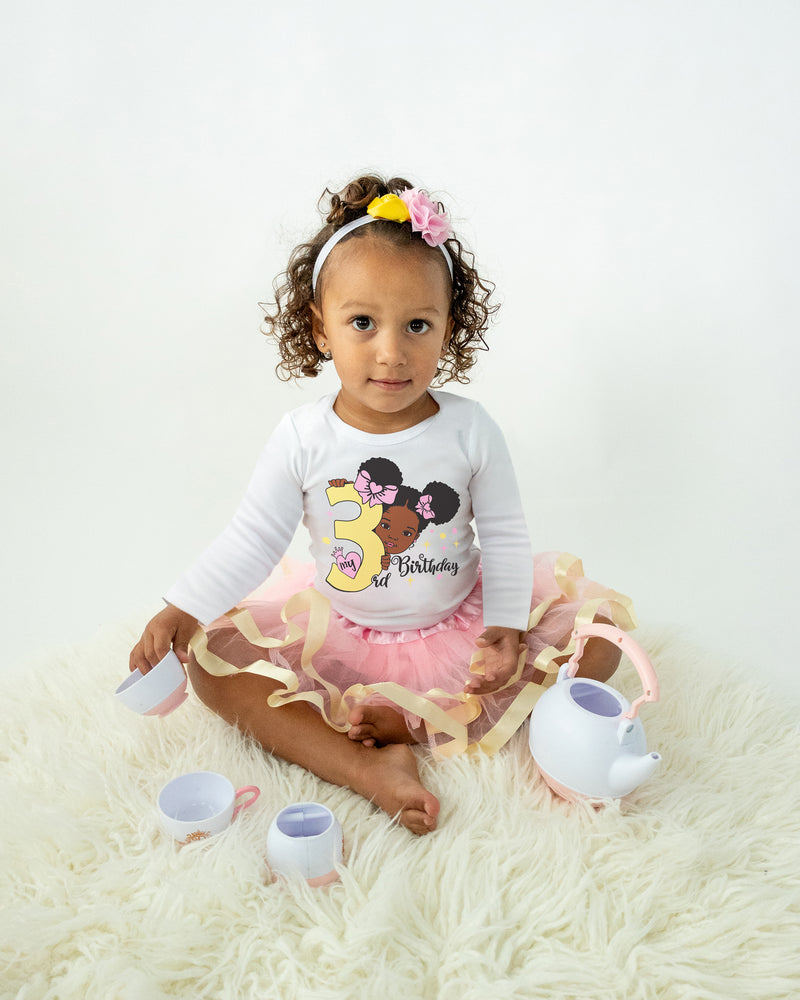Girls 3rd Birthday Outfit – Long Sleeve Pink & Gold Afro Puffs Shirt, Tutu Skirt & Headband Set