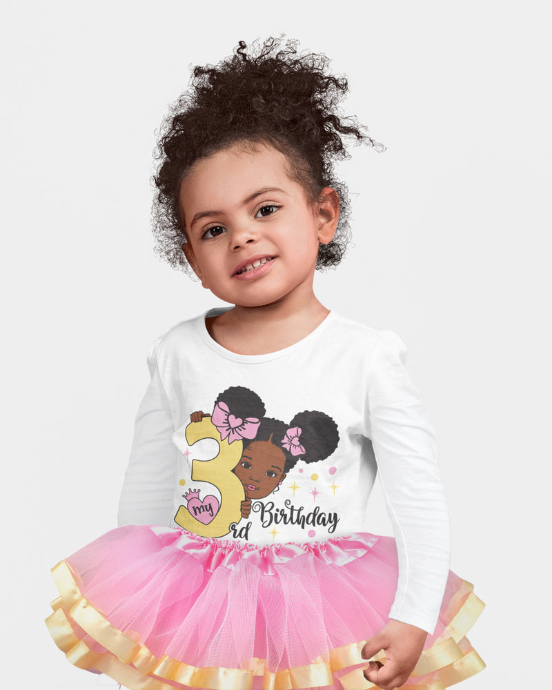 Girls 3rd Birthday Outfit – Long Sleeve Pink & Gold Afro Puffs Shirt, Tutu Skirt & Headband Set