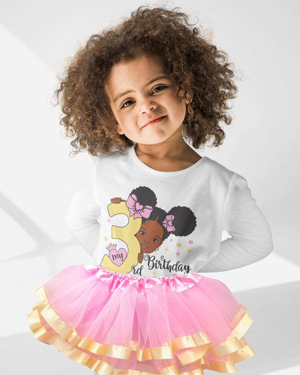 Girls 3rd Birthday Outfit – Long Sleeve Pink & Gold Afro Puffs Shirt, Tutu Skirt & Headband Set
