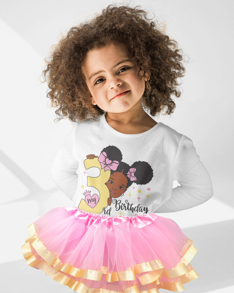 Girls 3rd Birthday Outfit – Long Sleeve Pink & Gold Afro Puffs Shirt, Tutu Skirt & Headband Set