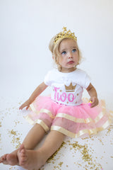 1st First 2nd Second Birthday Party Outfit- Baby Girl Pink Gold Silver Princess Tutu Set and Crown 2nd Birthday Gold Crown Long Sleeve