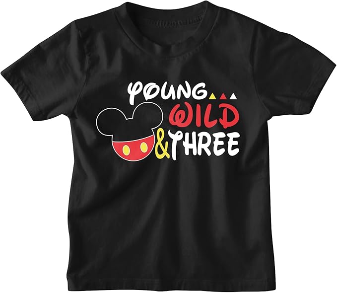 Young, Wild & Three Mickey-Inspired 3rd Birthday Black T-Shirt for Boys
