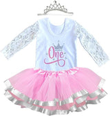 Winter Onederland 1st Birthday Outfit for Girls – Lace Long Sleeve Bodysuit, Pink & Silver Tutu Skirt & Tiara Set