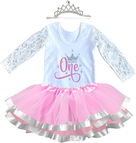 Winter Onederland 1st Birthday Outfit for Girls – Lace Long Sleeve Bodysuit, Pink & Silver Tutu Skirt & Tiara Set
