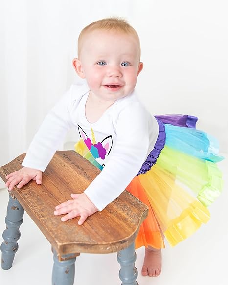Unicorn 1st Birthday Outfit for Girls – Long Sleeve Bodysuit, Rainbow Tutu Skirt & Unicorn Headband Set