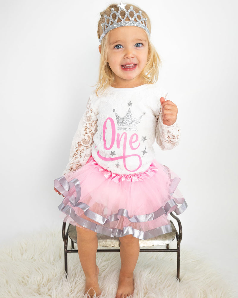 1st First Birthday Outfit Baby Girl Tutu Dress Set - Pink and Silver Princess Crown Tiara Set for Baby Girls