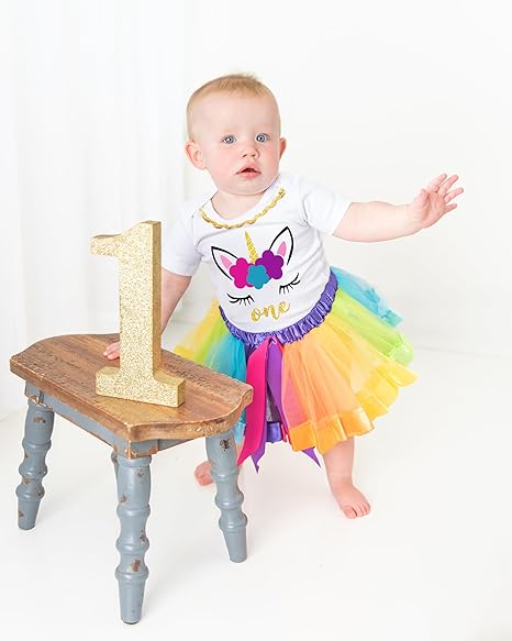 Unicorn 1st Birthday Outfit for Girls – Short Sleeve Bodysuit, Rainbow Tutu Skirt & Unicorn Headband Set