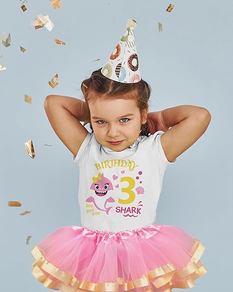 Baby Shark 3rd Birthday Outfit for Girls – Pink Shark Shirt, Tutu Skirt & Headband Set