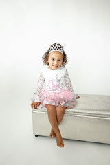 Winter Onederland 1st Birthday Outfit for Girls – Lace Long Sleeve Bodysuit, Pink & Silver Tutu Skirt & Tiara Set
