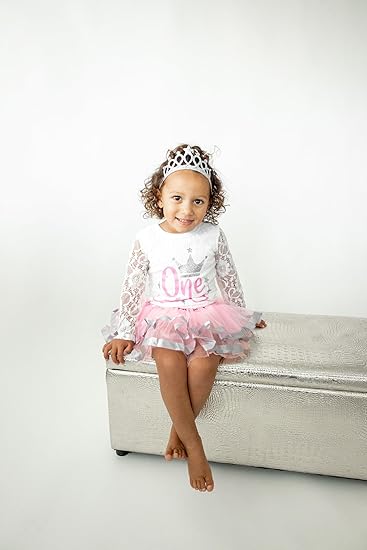 Winter Onederland 1st Birthday Outfit for Girls – Lace Long Sleeve Bodysuit, Pink & Silver Tutu Skirt & Tiara Set