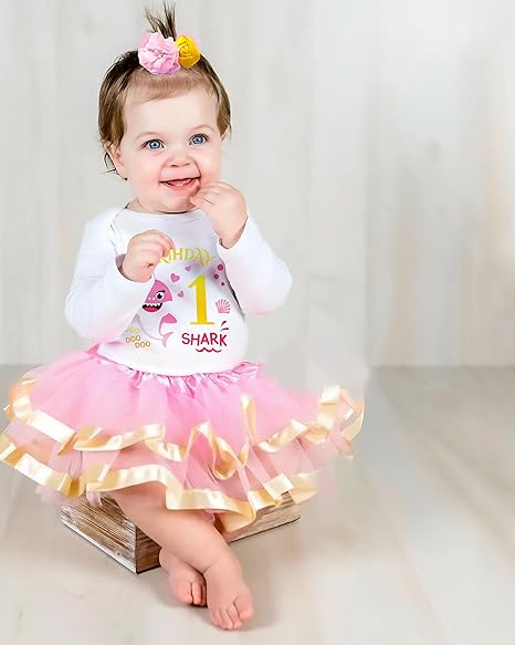 Baby Shark 1st Birthday Outfit for Girls – Long Sleeve Bodysuit, Pink Tutu Skirt & Headband Set