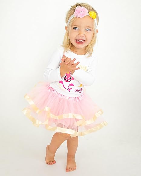 Baby Shark 1st Birthday Outfit for Girls – Long Sleeve Bodysuit, Pink Tutu Skirt & Headband Set