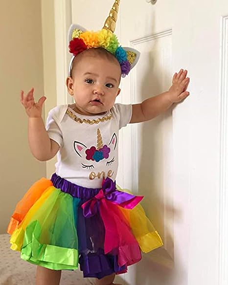 Unicorn 1st Birthday Outfit for Girls – Short Sleeve Bodysuit, Rainbow Tutu Skirt & Unicorn Headband Set