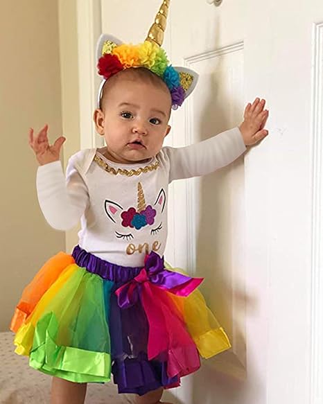 Unicorn 1st Birthday Outfit for Girls – Long Sleeve Bodysuit, Rainbow Tutu Skirt & Unicorn Headband Set