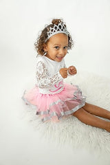 Winter Onederland 1st Birthday Outfit for Girls – Lace Long Sleeve Bodysuit, Pink & Silver Tutu Skirt & Tiara Set