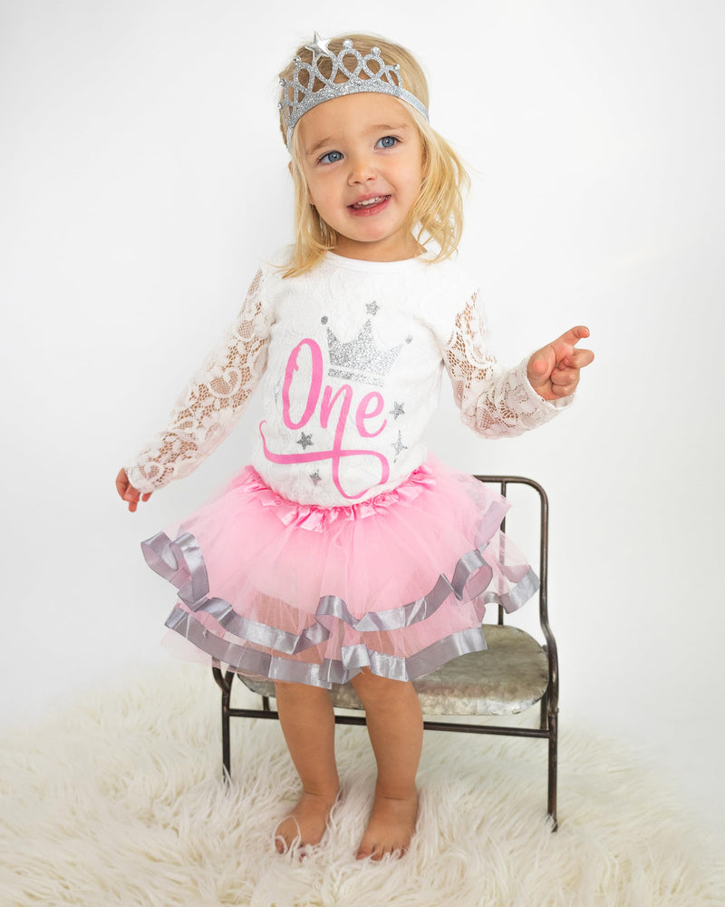 1st First 2nd Second Birthday Party Outfit- Baby Girl Pink Gold Silver Princess Tutu Set and Crown