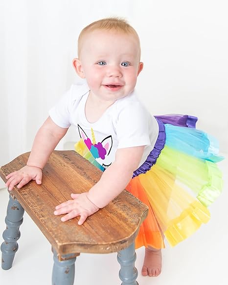 Unicorn 1st Birthday Outfit for Girls – Short Sleeve Bodysuit, Rainbow Tutu Skirt & Unicorn Headband Set