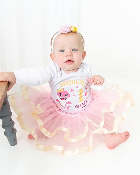 Baby Shark 1st Birthday Outfit for Girls – Long Sleeve Bodysuit, Pink Tutu Skirt & Headband Set