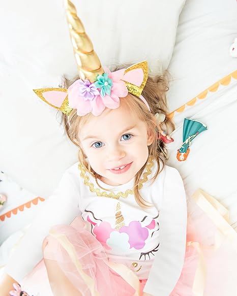 Unicorn 1st Birthday Outfit for Girls – Long Sleeve Bodysuit, Tutu Skirt & Headband Set