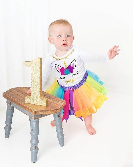 Unicorn 1st Birthday Outfit for Girls – Long Sleeve Bodysuit, Rainbow Tutu Skirt & Unicorn Headband Set