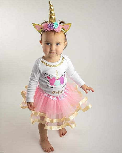 Unicorn 1st Birthday Outfit for Girls – Long Sleeve Bodysuit, Tutu Skirt & Headband Set