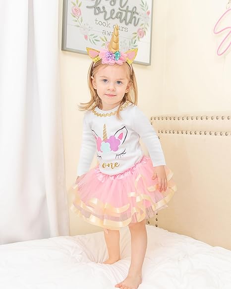 Unicorn 1st Birthday Outfit for Girls – Long Sleeve Bodysuit, Tutu Skirt & Headband Set