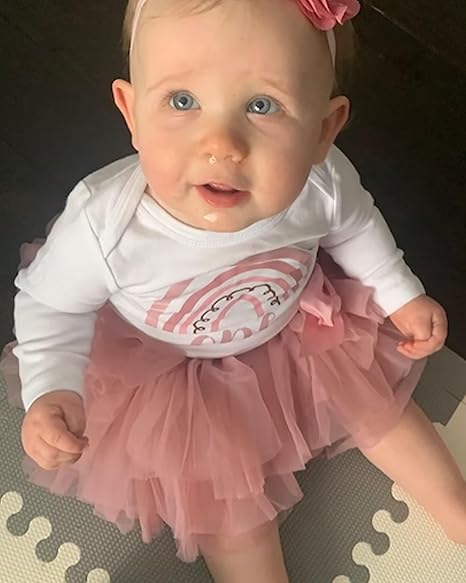 Boho Rainbow Rose 1st Birthday Outfit for Girls – Long Sleeve Bodysuit, Tutu Skirt & Headband Set