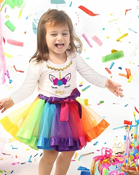 Unicorn 1st Birthday Outfit for Girls – Long Sleeve Bodysuit, Rainbow Tutu Skirt & Unicorn Headband Set
