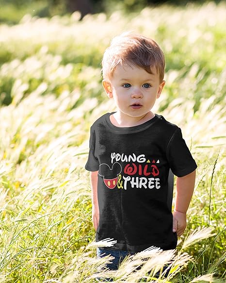 Young, Wild & Three Mickey-Inspired 3rd Birthday Black T-Shirt for Boys