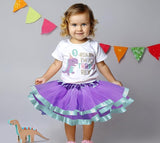 Three Rex 3rd Birthday Outfit for Girls – Short Sleeve Lavender Dinosaur Shirt, Tutu Skirt & Headband Set