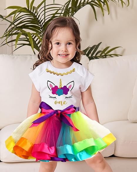 Unicorn 1st Birthday Outfit for Girls – Short Sleeve Bodysuit, Rainbow Tutu Skirt & Unicorn Headband Set