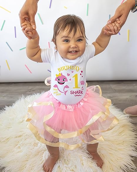 Baby Shark 1st Birthday Outfit for Girls – Short Sleeve Bodysuit, Pink Tutu Skirt & Headband Set