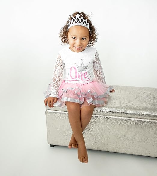 Winter Onederland 1st Birthday Outfit for Girls – Lace Long Sleeve Bodysuit, Pink & Silver Tutu Skirt & Tiara Set