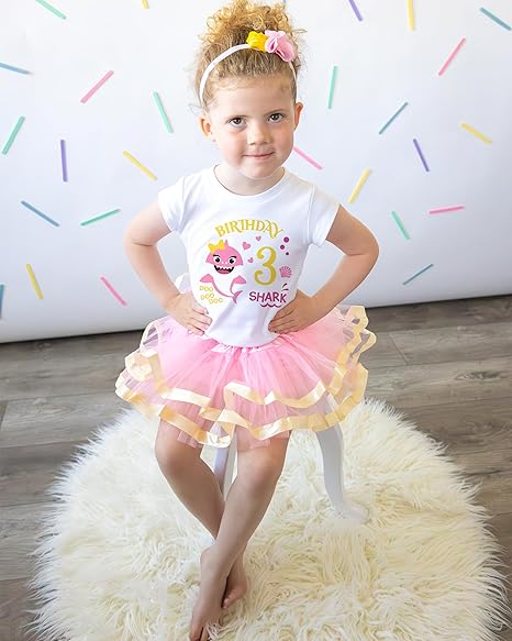 Baby Shark 3rd Birthday Outfit for Girls – Pink Shark Shirt, Tutu Skirt & Headband Set