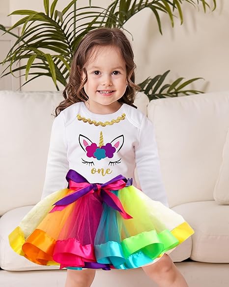 Unicorn 1st Birthday Outfit for Girls – Long Sleeve Bodysuit, Rainbow Tutu Skirt & Unicorn Headband Set