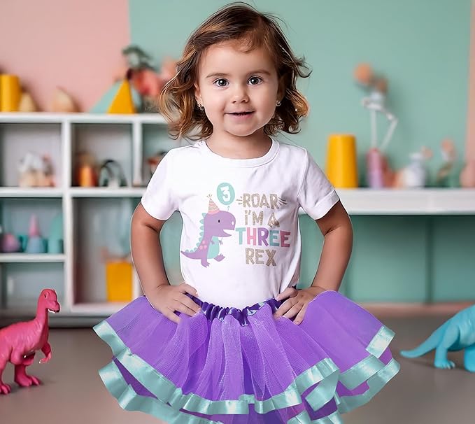 Three Rex 3rd Birthday Outfit for Girls – Short Sleeve Lavender Dinosaur Shirt, Tutu Skirt & Headband Set