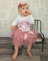 Boho Rainbow Rose 1st Birthday Outfit for Girls – Long Sleeve Bodysuit, Tutu Skirt & Headband Set