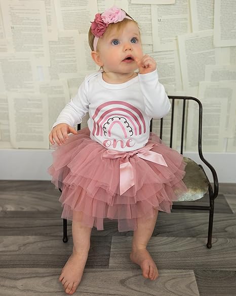 Boho Rainbow Rose 1st Birthday Outfit for Girls – Long Sleeve Bodysuit, Tutu Skirt & Headband Set