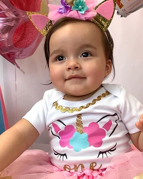 Unicorn 1st Birthday Outfit for Girls – Long Sleeve Bodysuit, Tutu Skirt & Headband Set