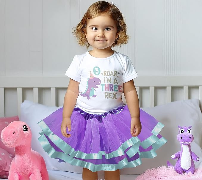 Three Rex 3rd Birthday Outfit for Girls – Short Sleeve Lavender Dinosaur Shirt, Tutu Skirt & Headband Set