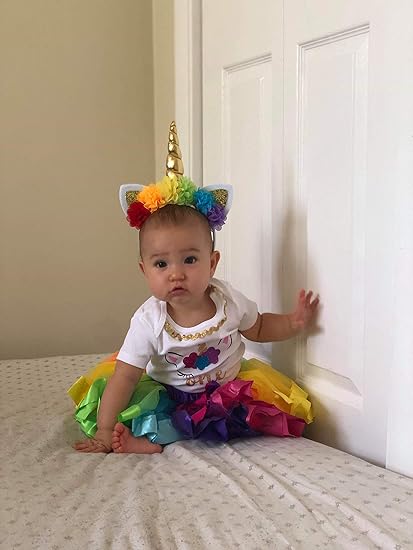 Unicorn 1st Birthday Outfit for Girls – Short Sleeve Bodysuit, Rainbow Tutu Skirt & Unicorn Headband Set