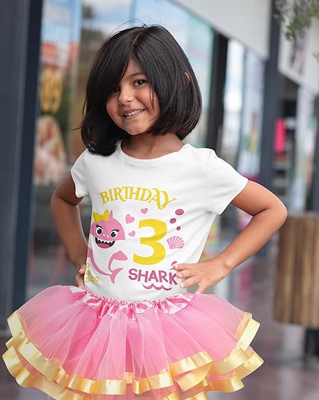 Baby Shark 3rd Birthday Outfit for Girls – Pink Shark Shirt, Tutu Skirt & Headband Set