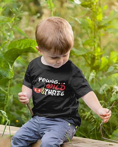 Young, Wild & Three Mickey-Inspired 3rd Birthday Black T-Shirt for Boys