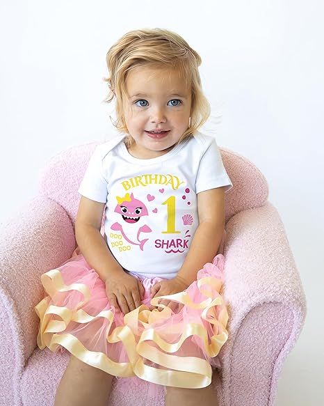 Baby Shark 1st Birthday Outfit for Girls – Short Sleeve Bodysuit, Pink Tutu Skirt & Headband Set