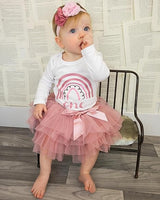 Boho Rainbow Rose 1st Birthday Outfit for Girls – Long Sleeve Bodysuit, Tutu Skirt & Headband Set