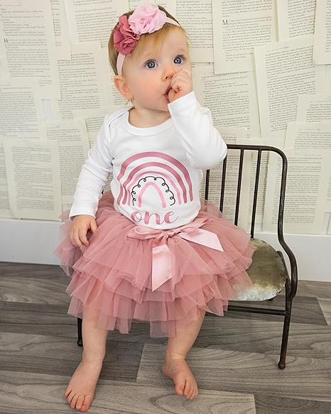 Boho Rainbow Rose 1st Birthday Outfit for Girls – Long Sleeve Bodysuit, Tutu Skirt & Headband Set
