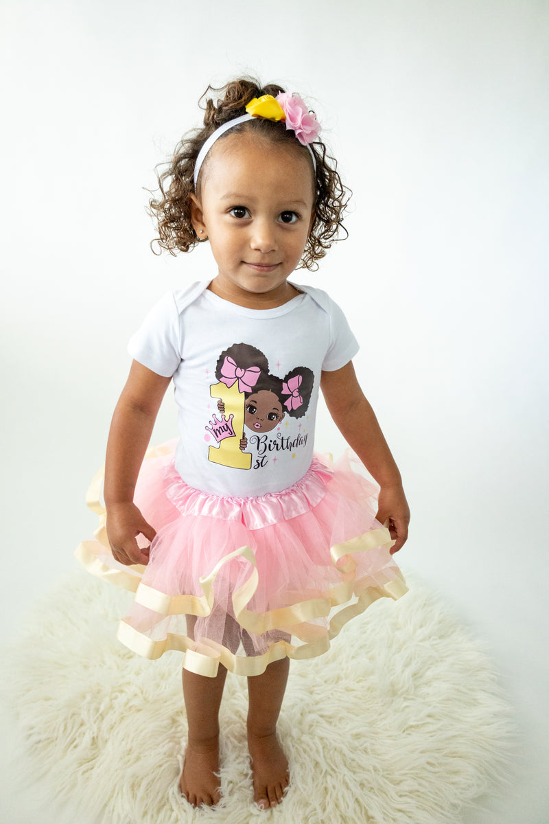 Pink & Gold Afro Puffs 1st Birthday Outfit for Girls – Short Sleeve Bodysuit, Tutu Skirt & Headband Set