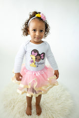 Pink & Gold Afro Puffs 1st Birthday Outfit for Girls – Long Sleeve Bodysuit, Tutu Skirt & Headband Set